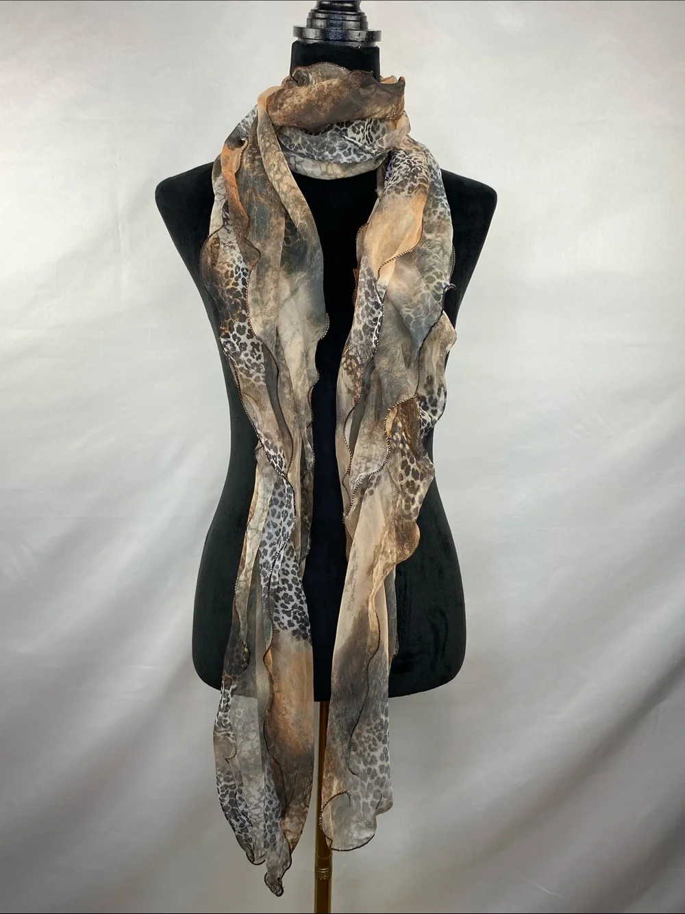 Y2K Sheer Mixed Animal Print Ruffle Flounce Scarf Lightweight Flowy 82” x 9”
